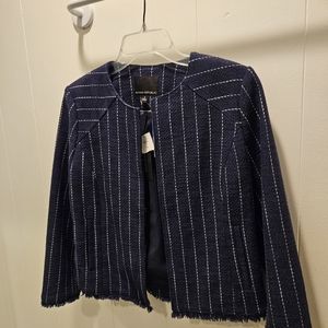 Banana Republic Blue White Striped Fringe Trim Collarless Blazer Jacket Size 6